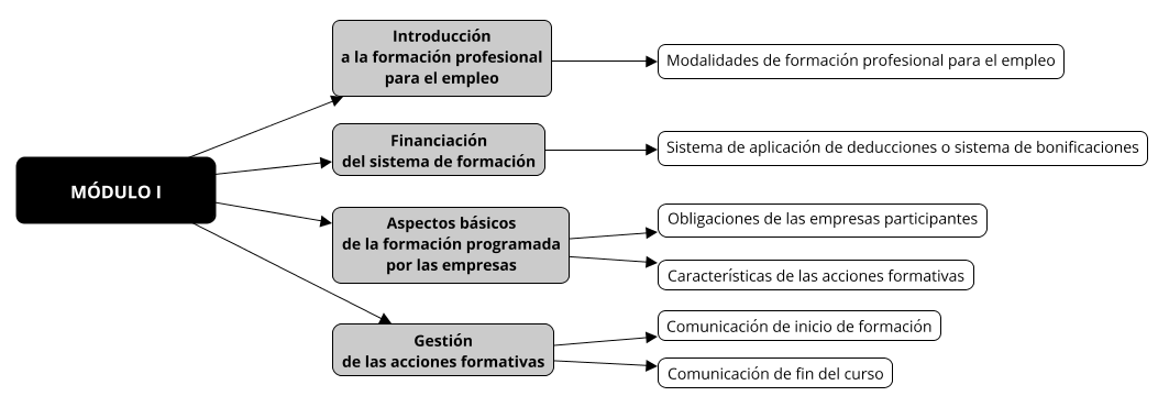 Mapa conceptual del módulo I. Sus apartados son: Introducción a la formación profesional para el empleo (modalidades de formación profesional para el empleo), financiación del sistema de formación, aspectos básicos de la formación programada por las empresas (obligaciones de las empresas participantes y características de las acciones formativas) y gestión de las acciones formativas (comunicación de inicio y de fin de la formación).